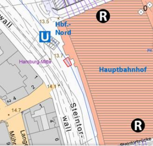 Karte mit dem Versammlungsort, roter Kries beim Ausgang Nord vom Hauptbahnhof . draußen (nicht in der Halle)